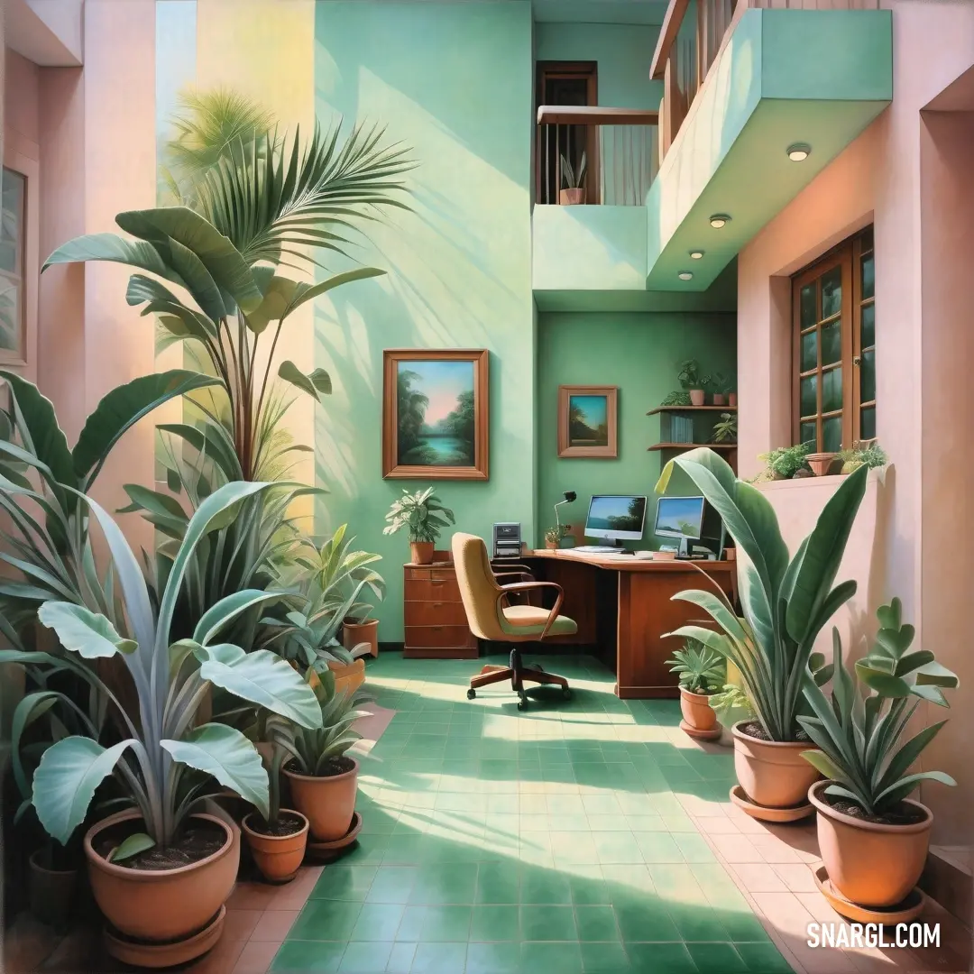 Painting of a room with a desk and a chair and potted plants in it and a staircase. Example of RGB 136,207,146 color.