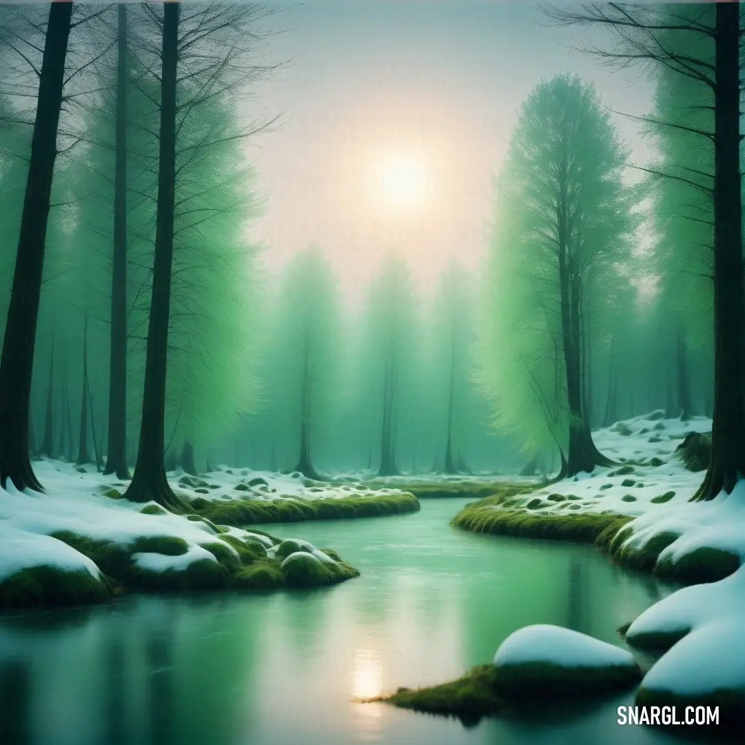 Painting of a stream in a snowy forest with a sun setting in the background. Example of #88CF92 color.