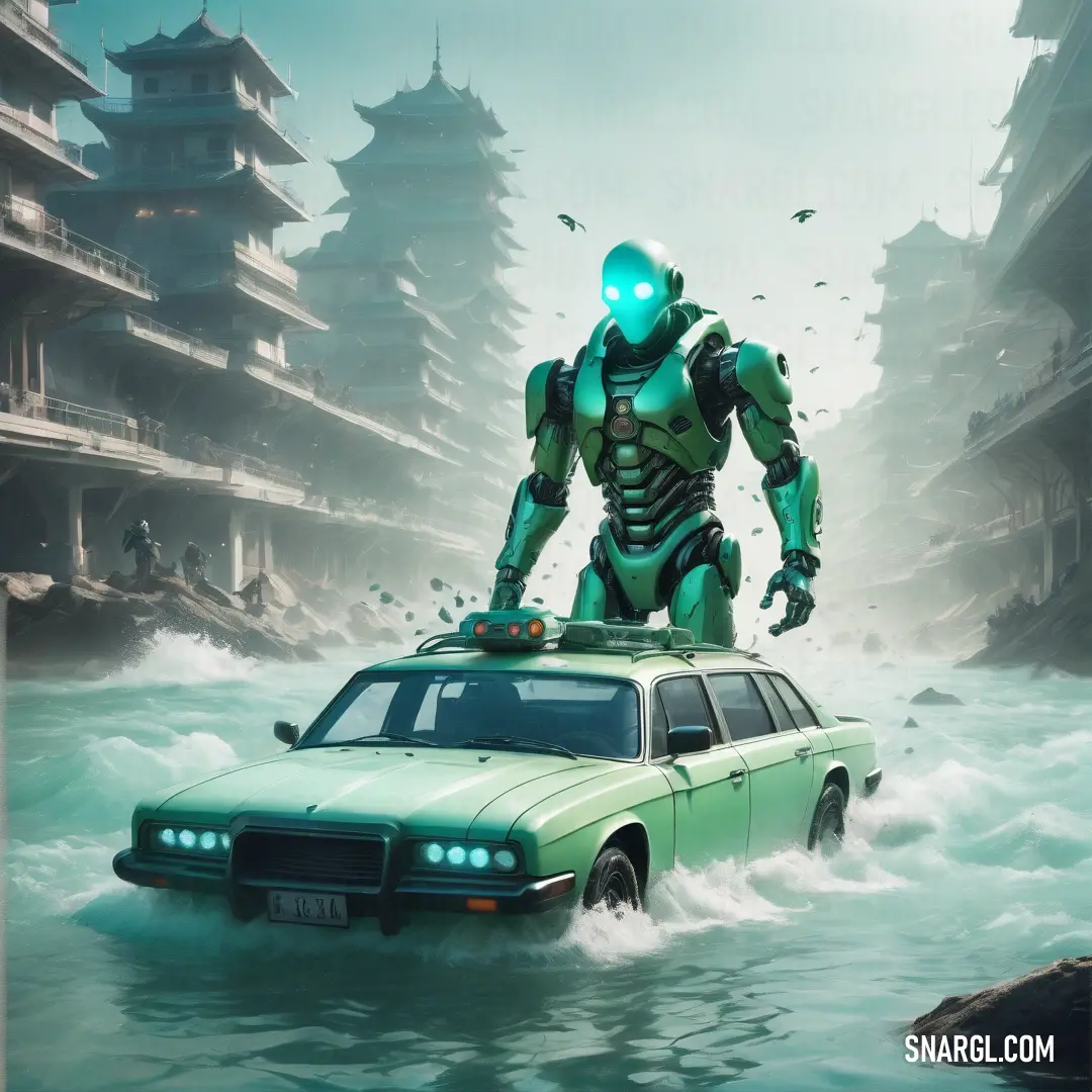 NCS S 2030-G10Y color example: Robot standing on top of a car in a river with a city in the background