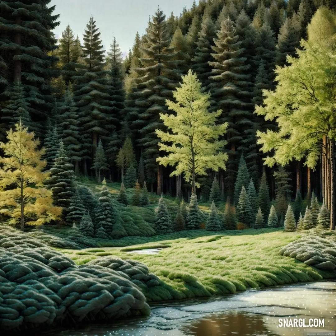 NCS S 2030-G20Y color example: Painting of a forest with a river running through it and trees in the background