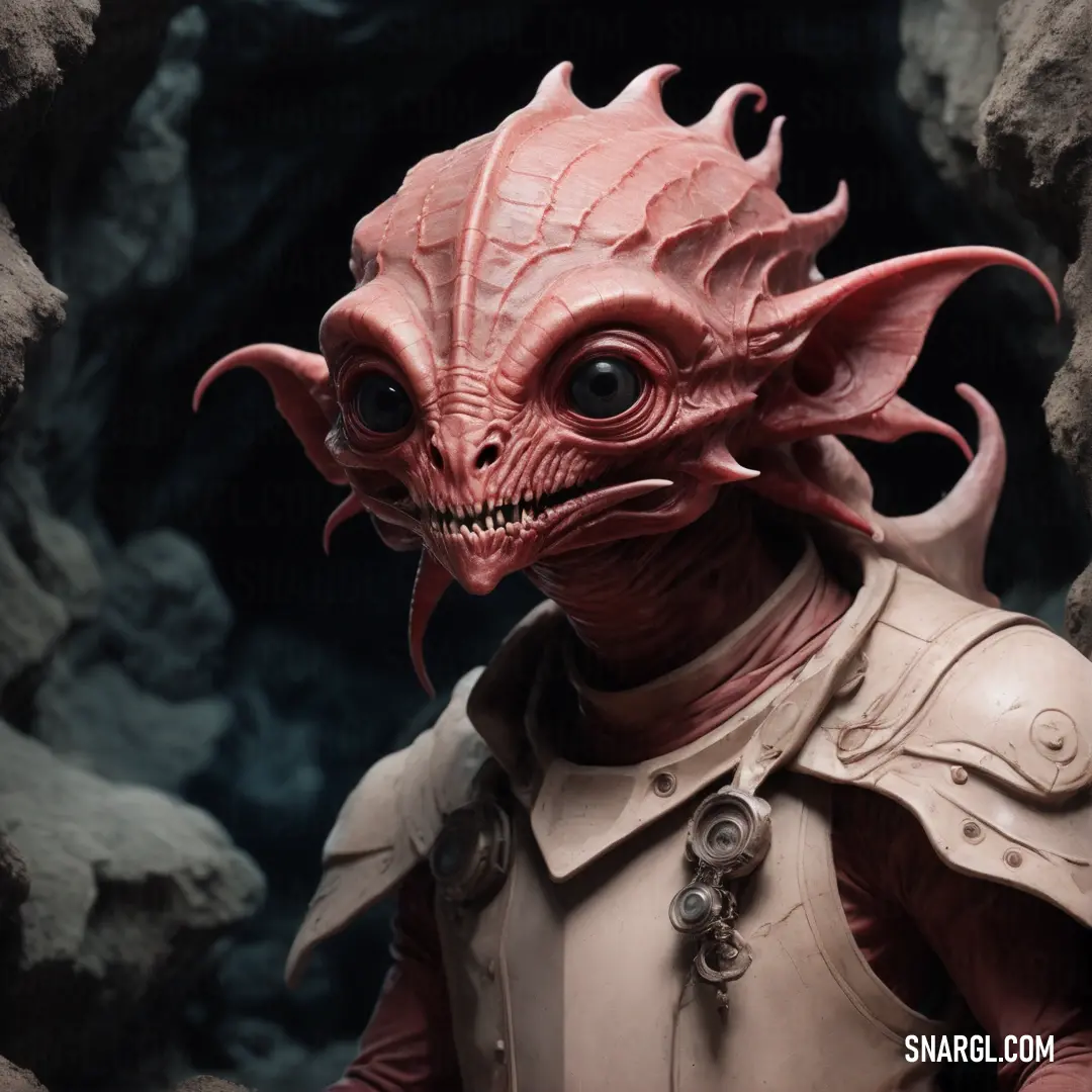 NCS S 2030-R color example: Close up of a toy figure of a creature with a helmet on and a face with horns and eyes