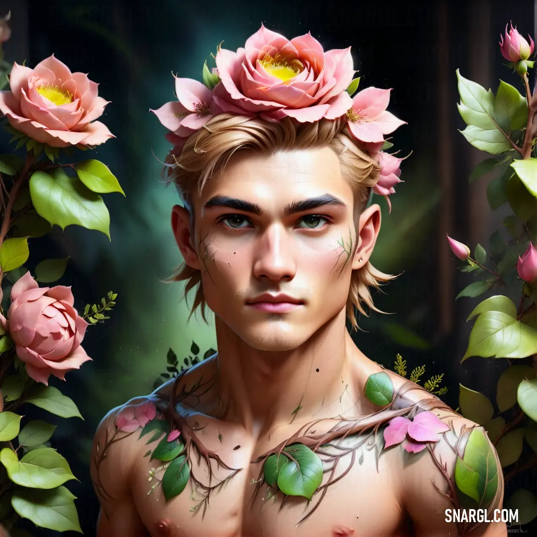 Man with flowers on his head and chest and a wreath of leaves around his neck and shoulder. Color NCS S 2030-R.