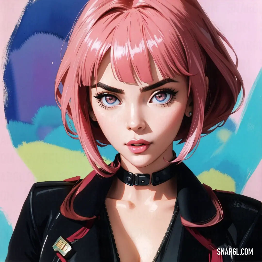 Cartoon girl with pink hair and a black jacket on a pink background. Example of NCS S 2030-R color.