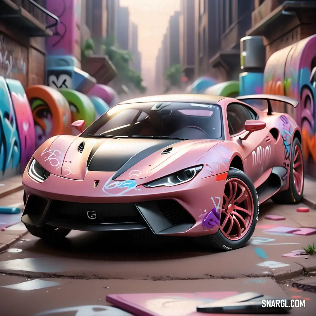 Pink sports car parked in a street with graffiti on the walls. Example of NCS S 2030-R color.