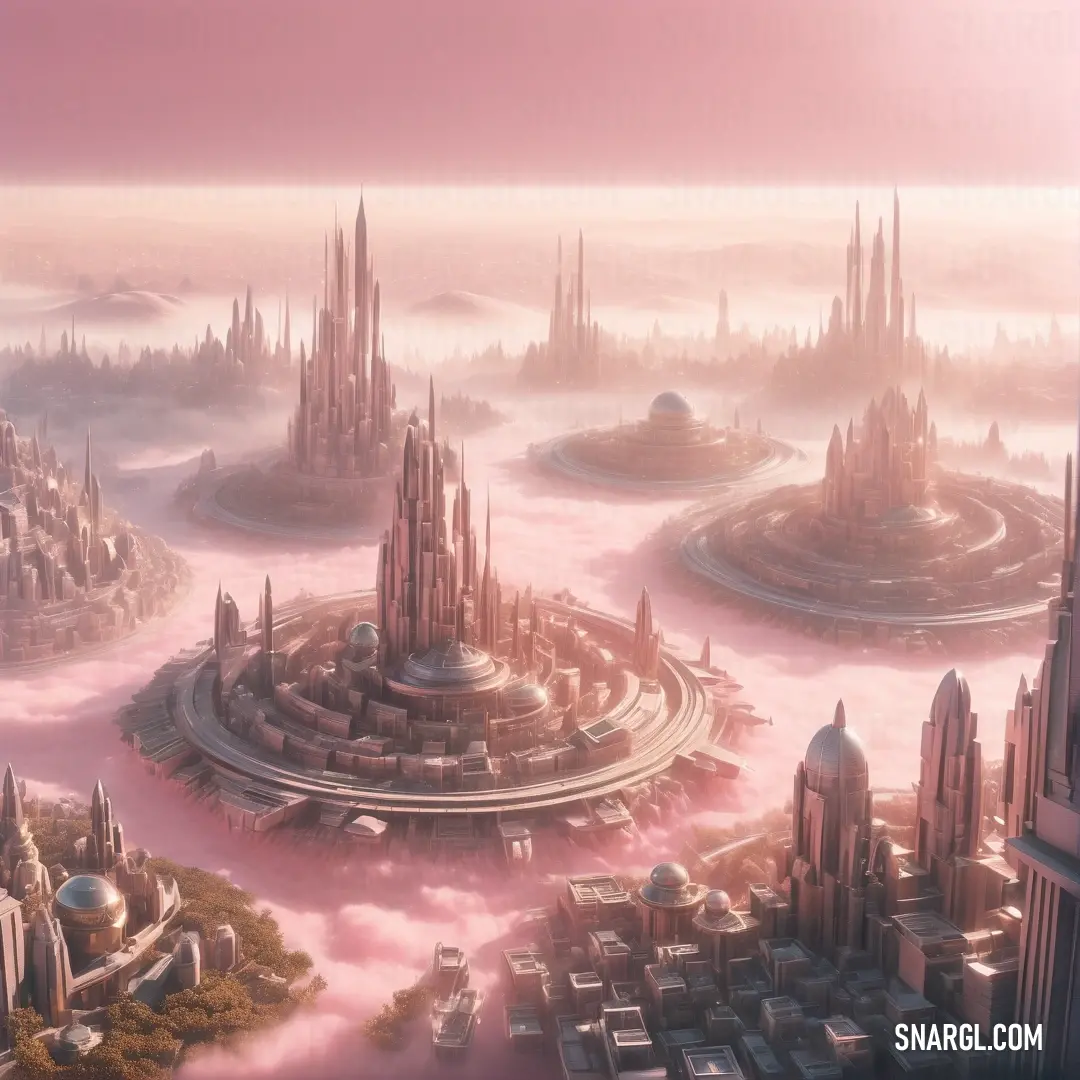 NCS S 2030-R10B color example: Futuristic city surrounded by fog and foggy skies with a pink sky in the background