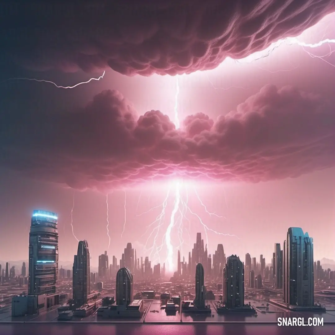NCS S 2030-R10B color example: Lightning storm over a city with skyscrapers and a lake in the foreground