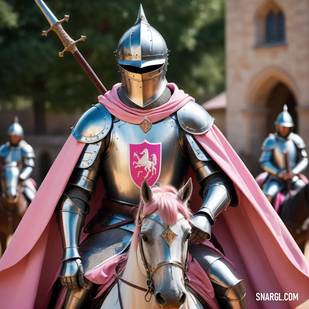 Knight on a horse with a pink mane and a pink helmet on it's head. Example of NCS S 2030-R10B color.
