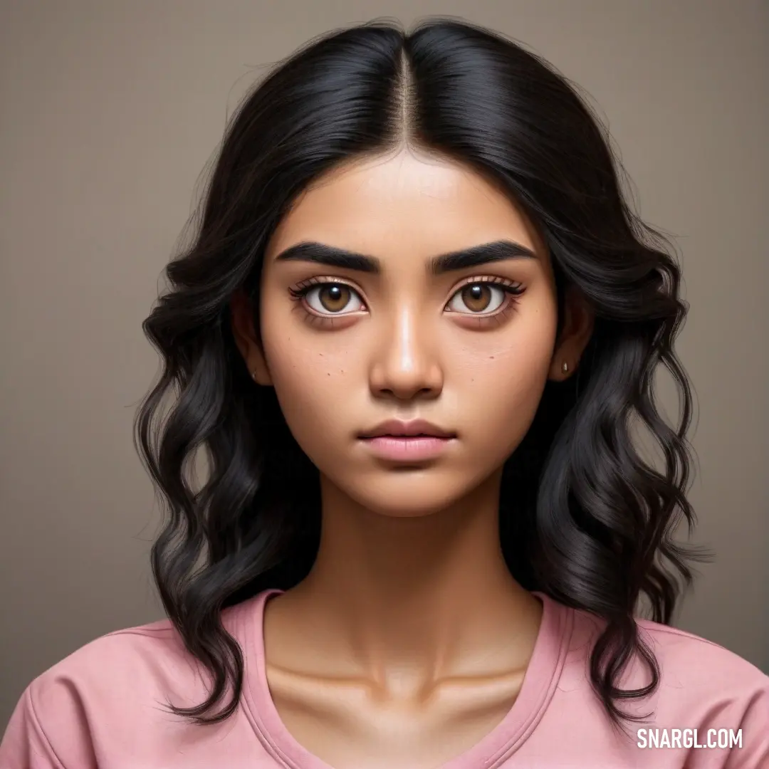 Woman with long black hair and a pink shirt is shown in this digital painting style photo of a young girl. Color NCS S 2030-R10B.