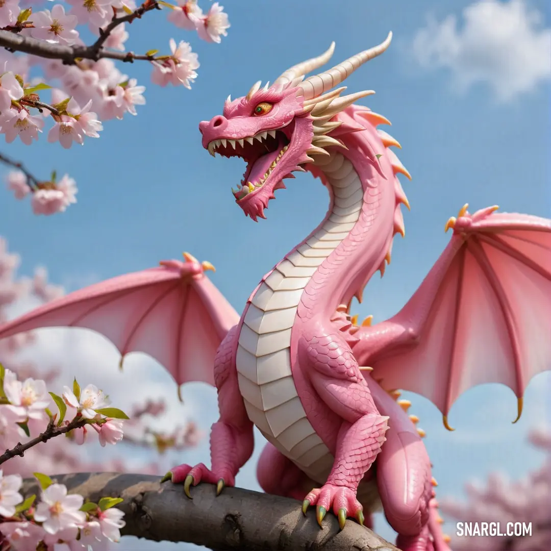 Pink dragon statue on a branch of a tree with pink flowers in the background. Example of CMYK 0,50,20,15 color.