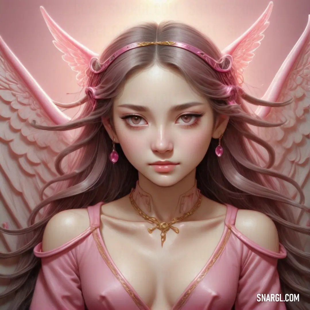 Girl with angel wings and a pink dress on her chest and a halo around her neck. Example of NCS S 2030-R30B color.