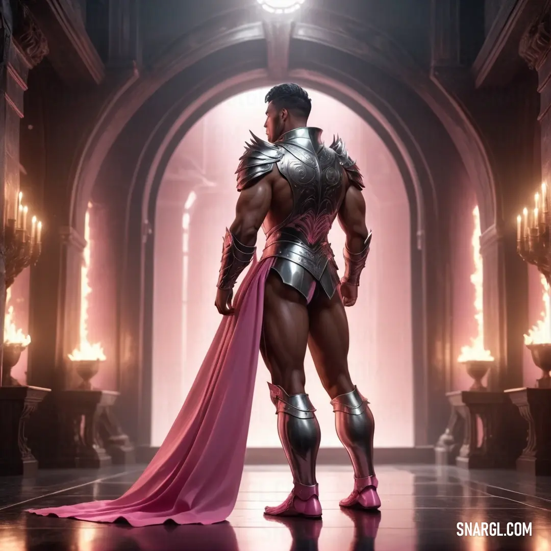 Man in armor standing in a hallway with a pink cape on his head. Color #CA85A3.