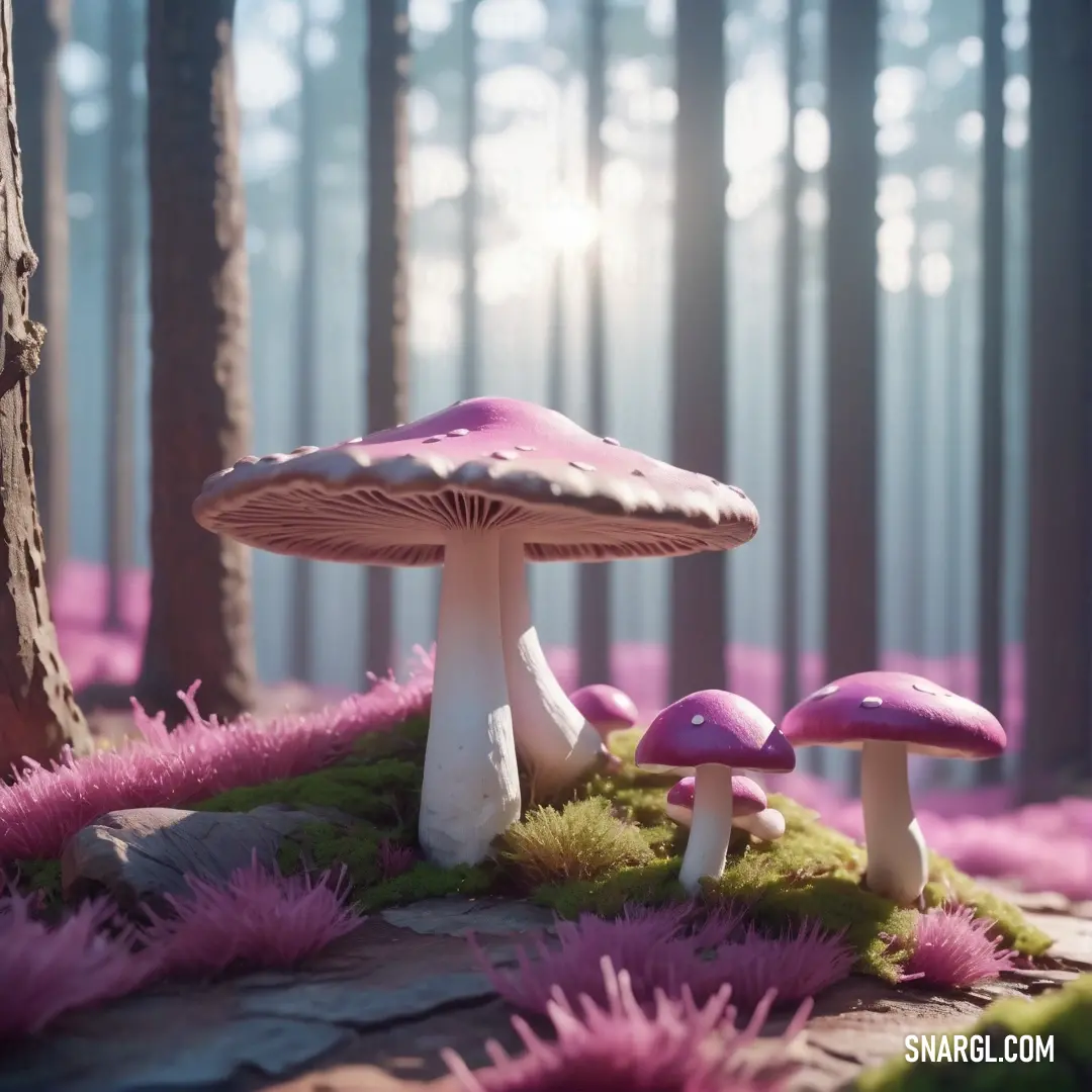 Group of mushrooms on top of a lush green field next to a tree trunk in a forest. Color NCS S 2030-R40B.