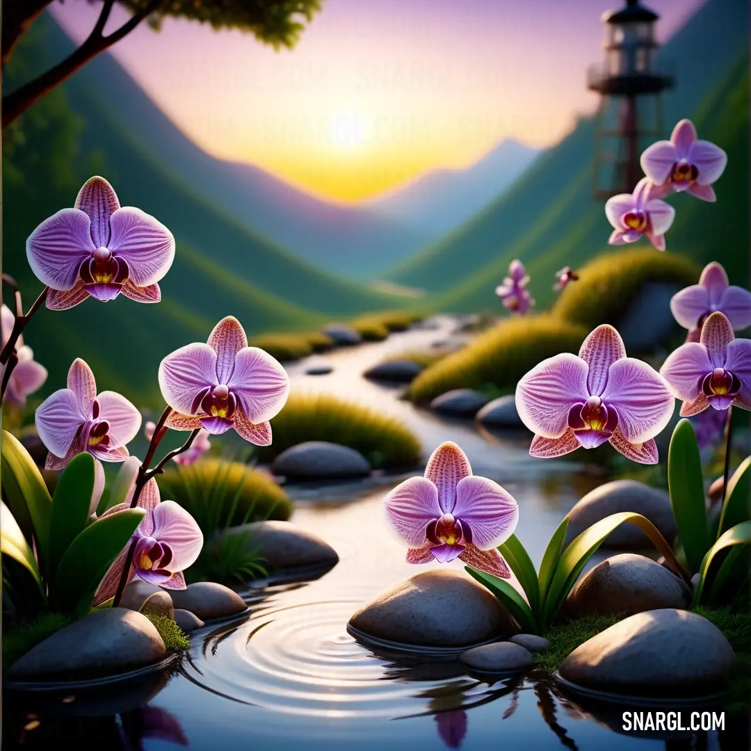 Painting of a river with flowers and rocks in the water and a lighthouse in the background. Color CMYK 15,48,0,11.