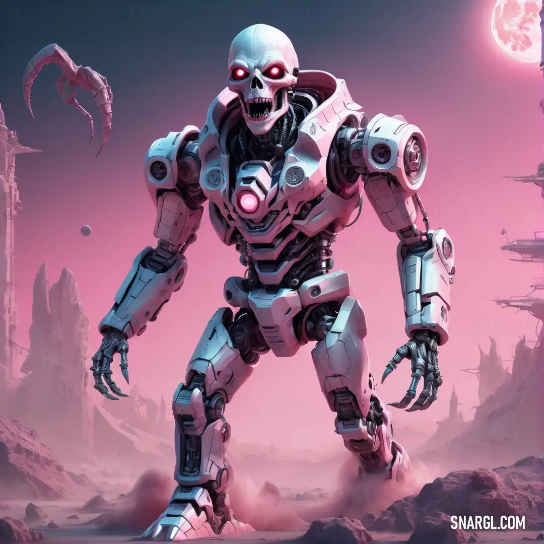 Robot with a skull on its face and a sci - fi, Beeple. Example of NCS S 2030-R40B color.