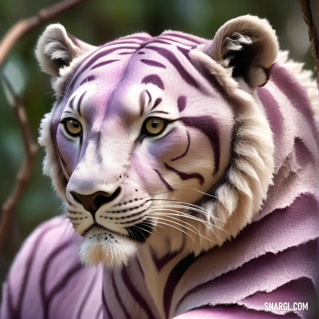 White tiger with purple and black markings on its face and chest. Example of #C78BB8 color.