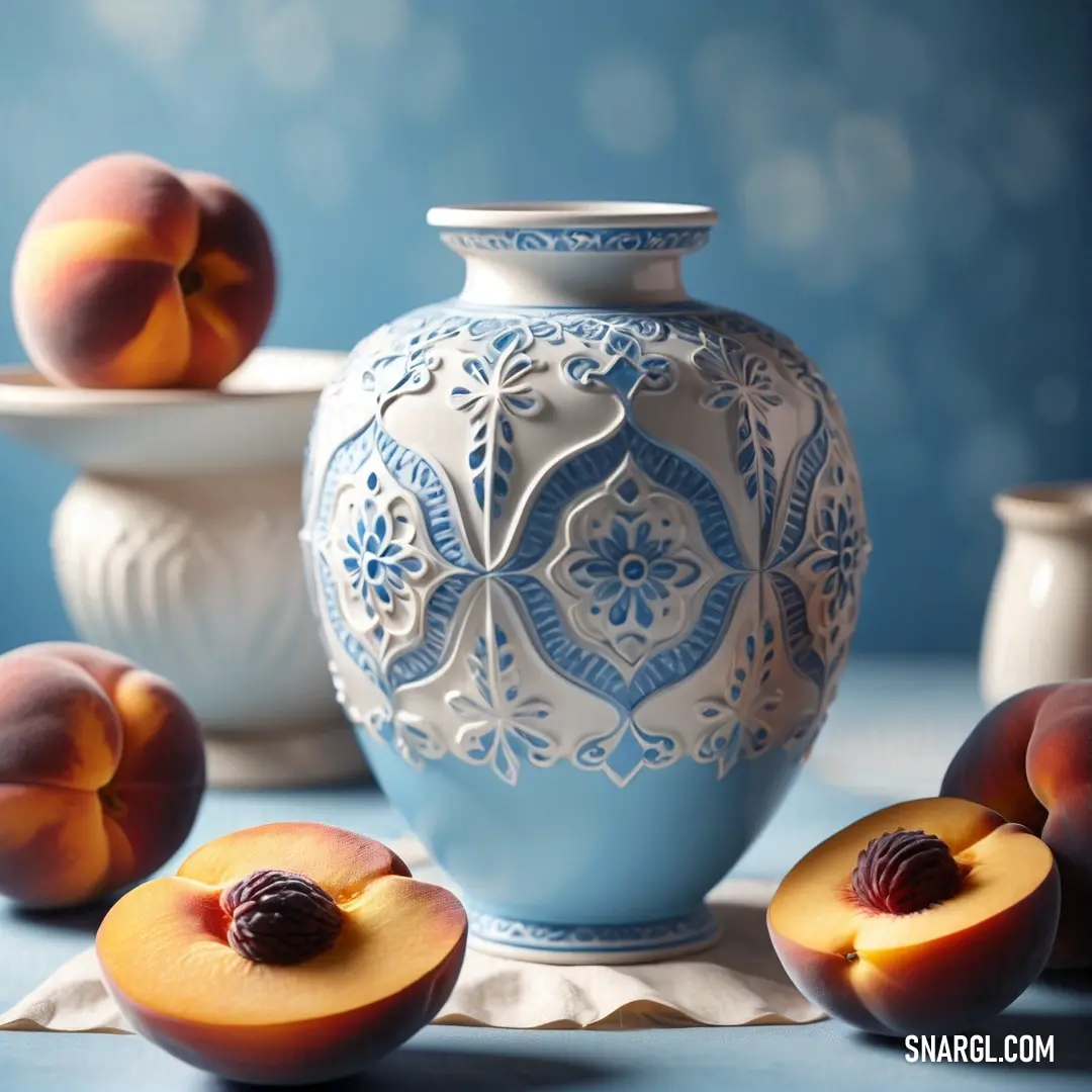 Blue vase with peaches on a table next to it. Example of NCS S 2030-R80B color.