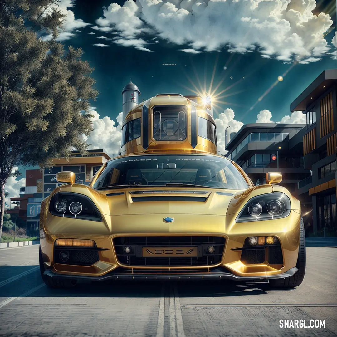 NCS S 2030-Y color. Gold sports car parked on the side of a road in front of a building with a sky background