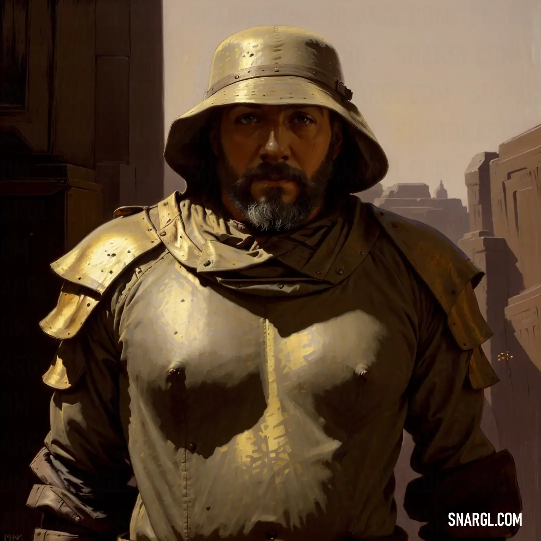 Man in a helmet and armor standing in a city street with a building in the background. Example of CMYK 0,10,60,20 color.