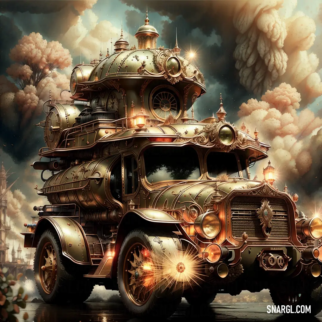 Painting of a steampunk car with a dome on top of it in the middle of a city. Example of #CDB867 color.
