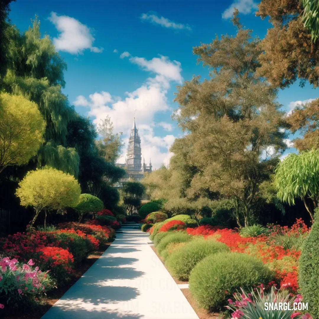Pathway in a garden with a church in the background. Example of CMYK 0,10,60,20 color.