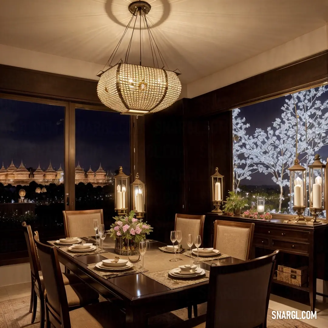 Dining room table with a chandelier hanging from the ceiling and a view of a city outside. Example of #D6A965 color.