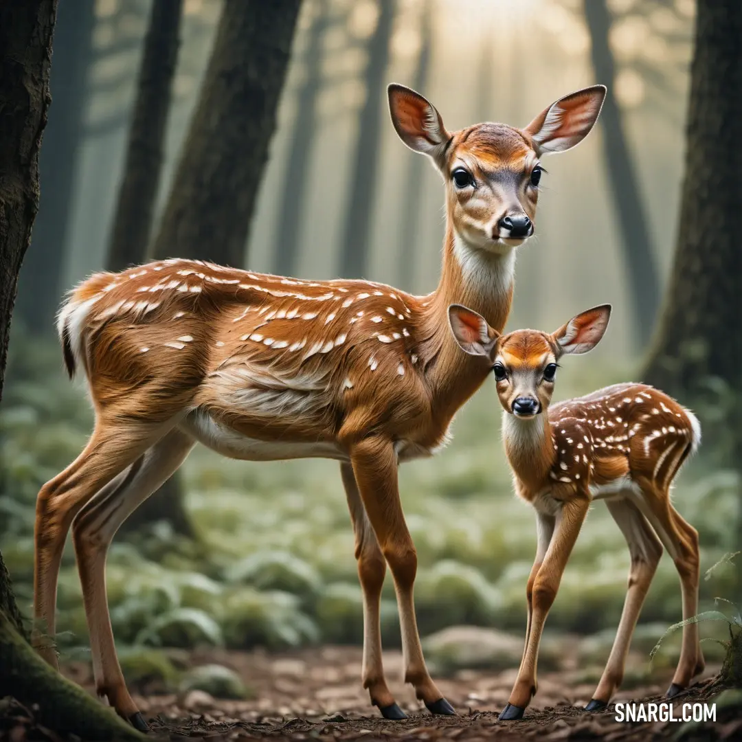 Couple of deer standing next to each other in a forest filled with trees and grass. Example of RGB 223,164,99 color.