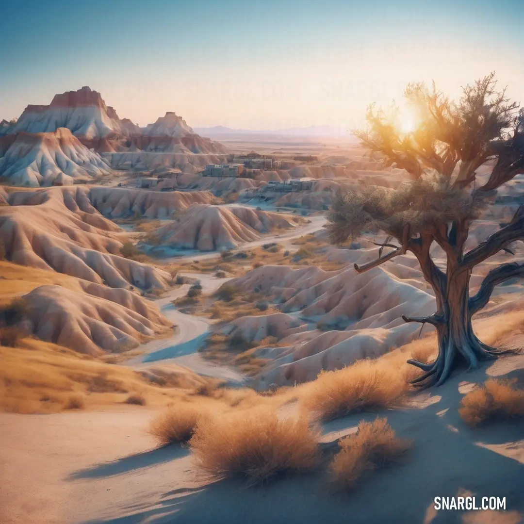 NCS S 2030-Y40R color. Tree in the middle of a desert with mountains in the background