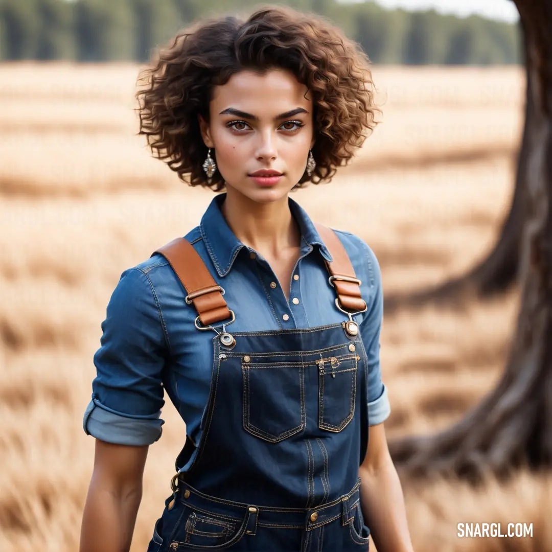 Woman with a denim shirt and overalls standing in a field of wheat with a tree in the background. Example of RGB 220,152,95 color.