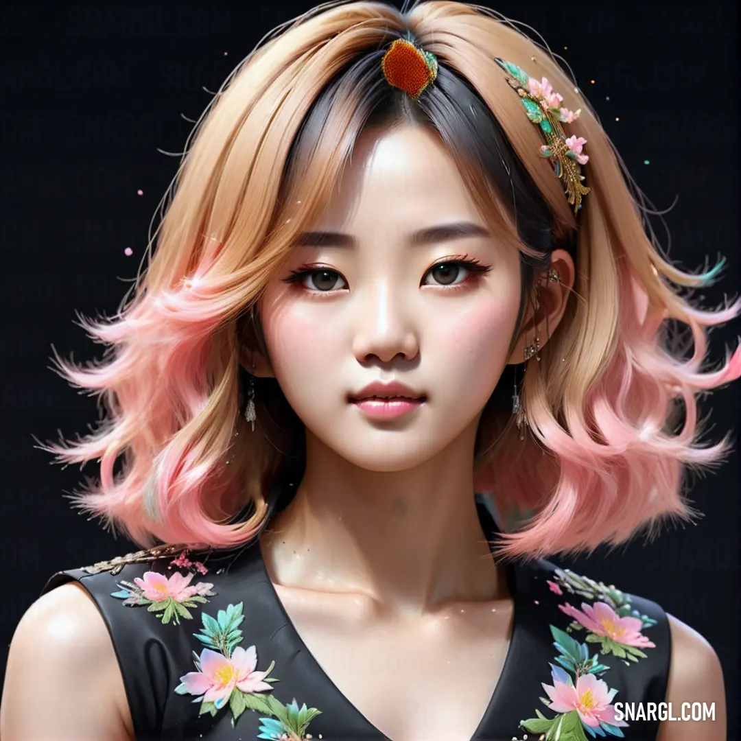 NCS S 2030-Y40R color example: Woman with pink hair and a flowered dress is looking at the camera with a black background