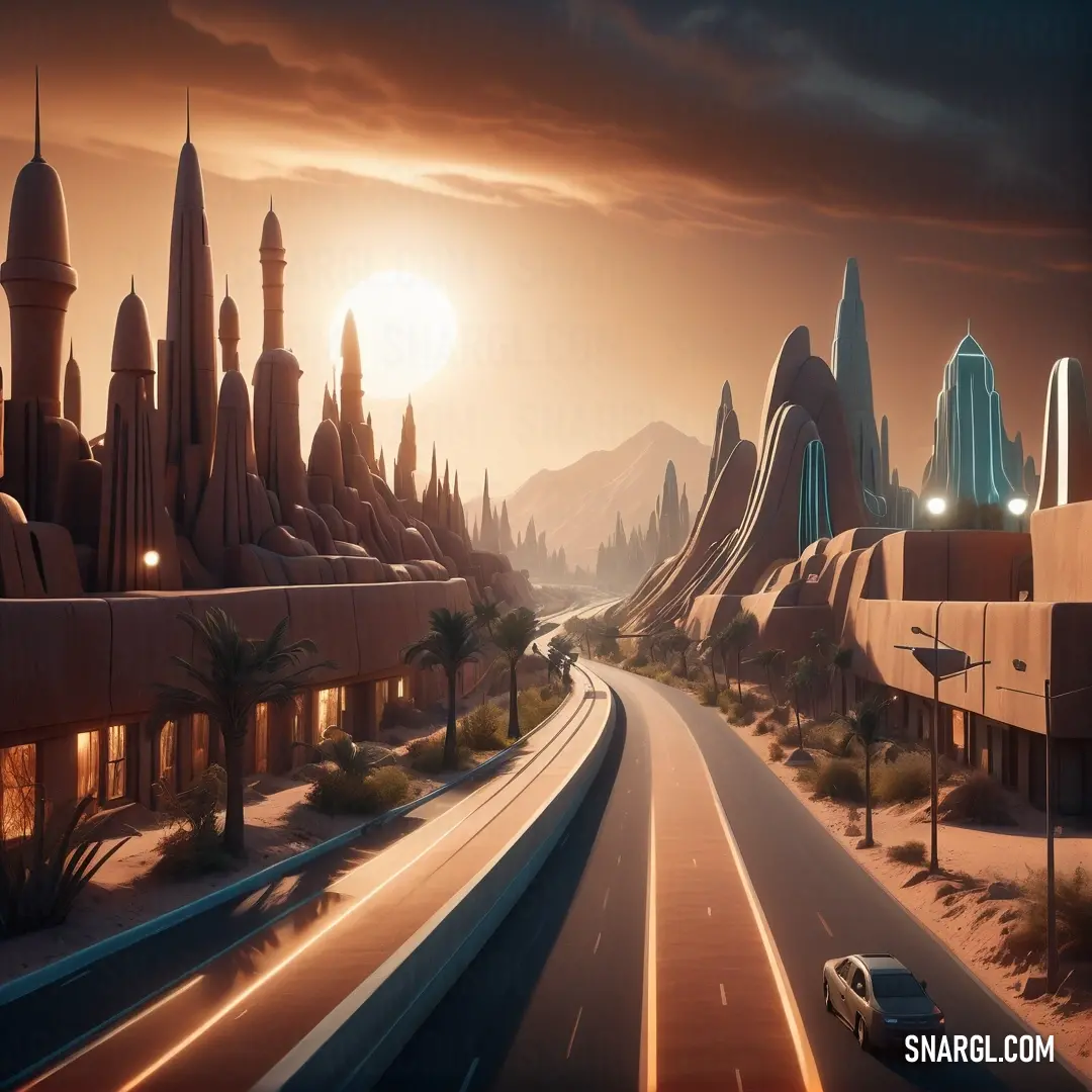 Futuristic city with a futuristic highway and a futuristic building at sunset or dawn with a car driving down the road