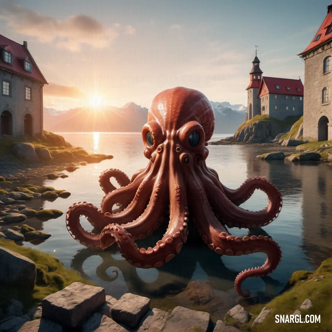 Octopus is on the shore of a lake in front of a castle with a sunset in the background. Color RGB 234,149,113.
