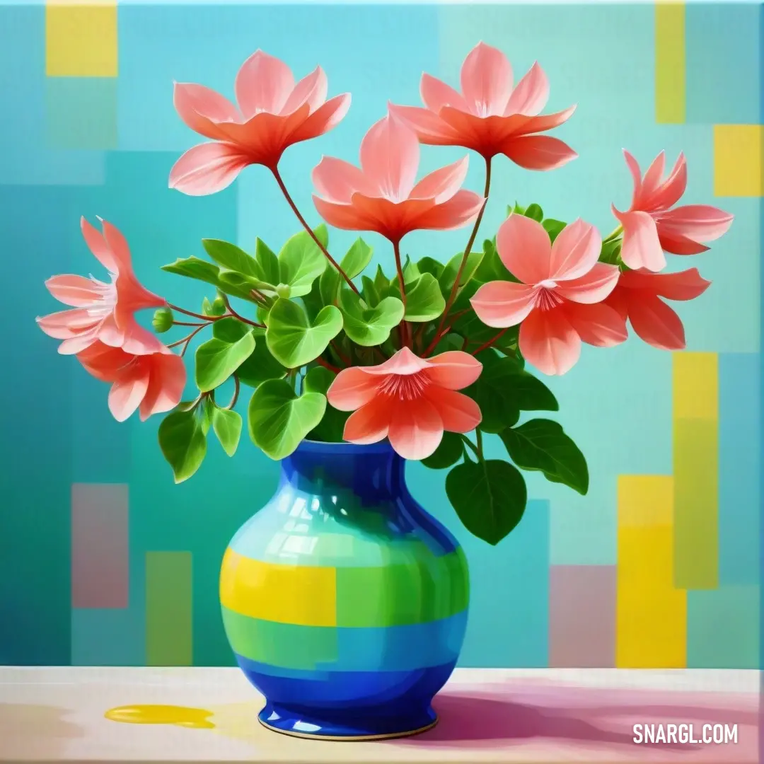 Painting of a vase with flowers in it on a table with a blue and yellow background. Example of CMYK 0,52,50,5 color.
