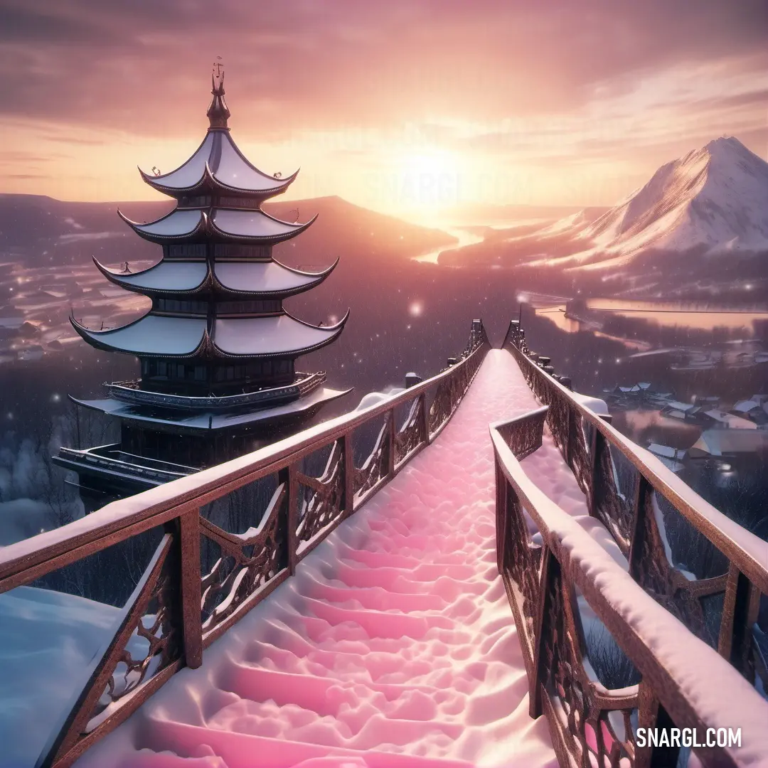 Bridge that has a snow covered walkway leading to a pagoda in the distance with a sunset in the background. Example of CMYK 0,52,40,15 color.