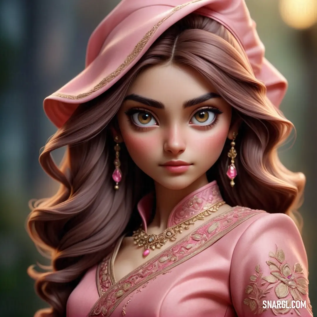Cartoon girl with long hair wearing a pink hat and dress with gold trims and a pink dress. Example of CMYK 0,52,40,15 color.