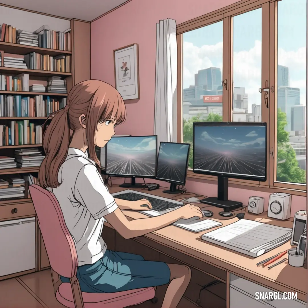 Girl at a desk with two monitors and a keyboard and mouse in front of a window with a city view. Color NCS S 2030-Y90R.