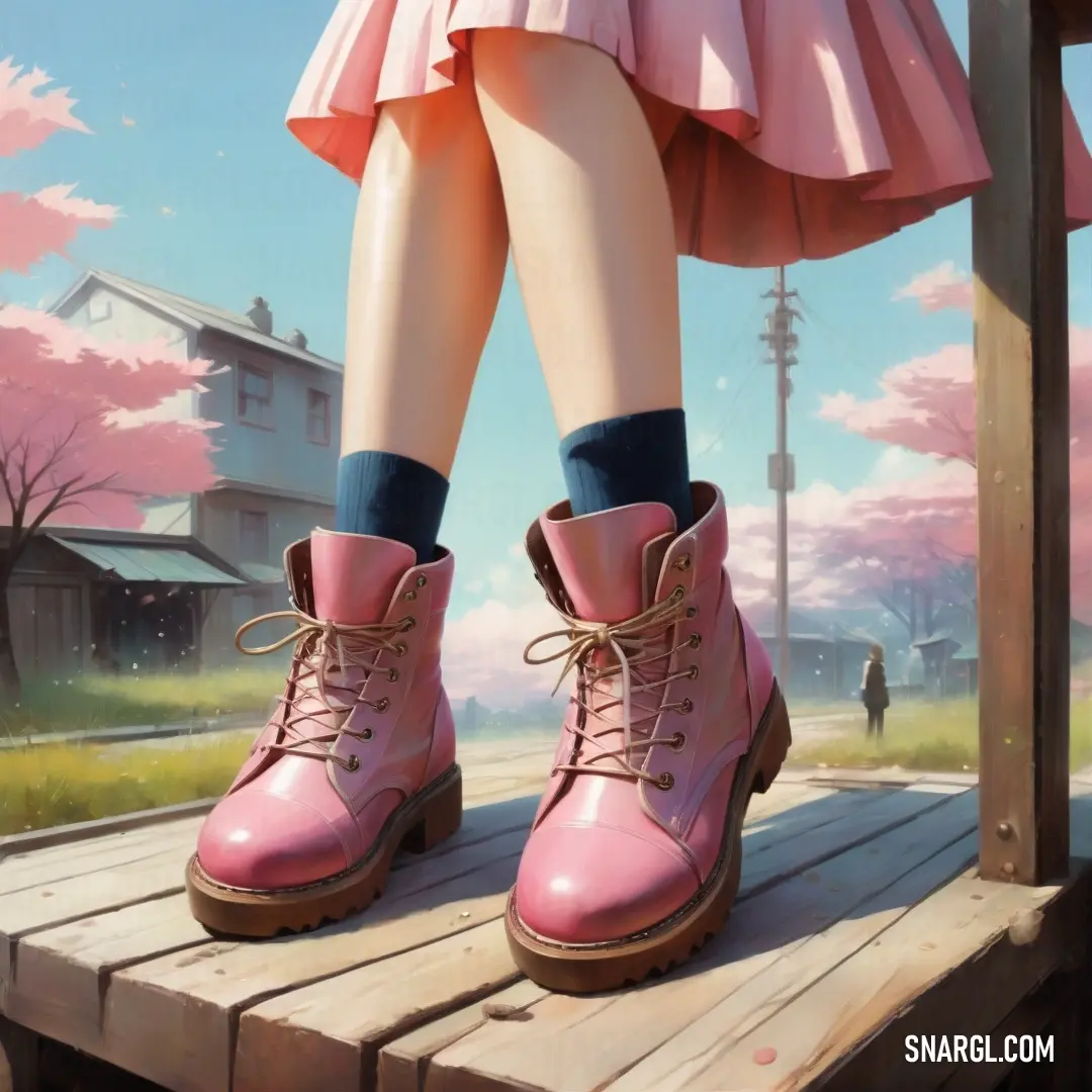 Girl in pink boots standing on a wooden platform with a pink background. Example of NCS S 2030-Y90R color.
