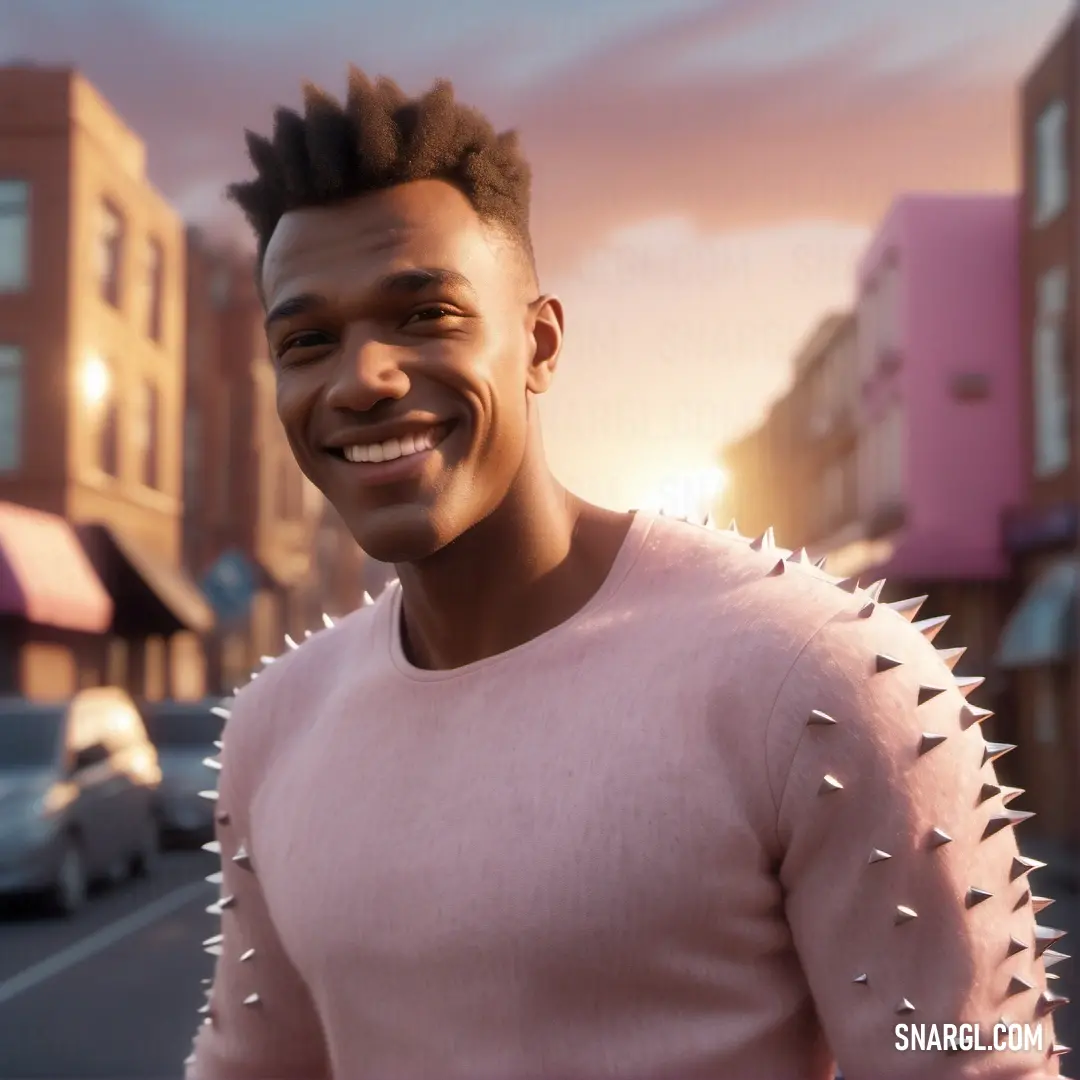 Man with spiked hair and a pink shirt smiles in the street at sunset in a city setting with cars. Color RGB 211,130,119.