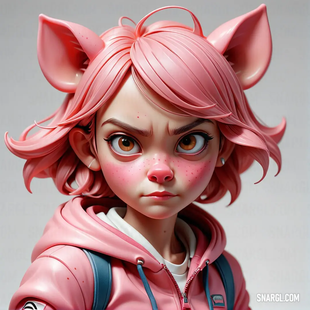Pink doll with a cat ears and a pink jacket on top of it's head and a pink jacket on. Color CMYK 0,52,40,15.