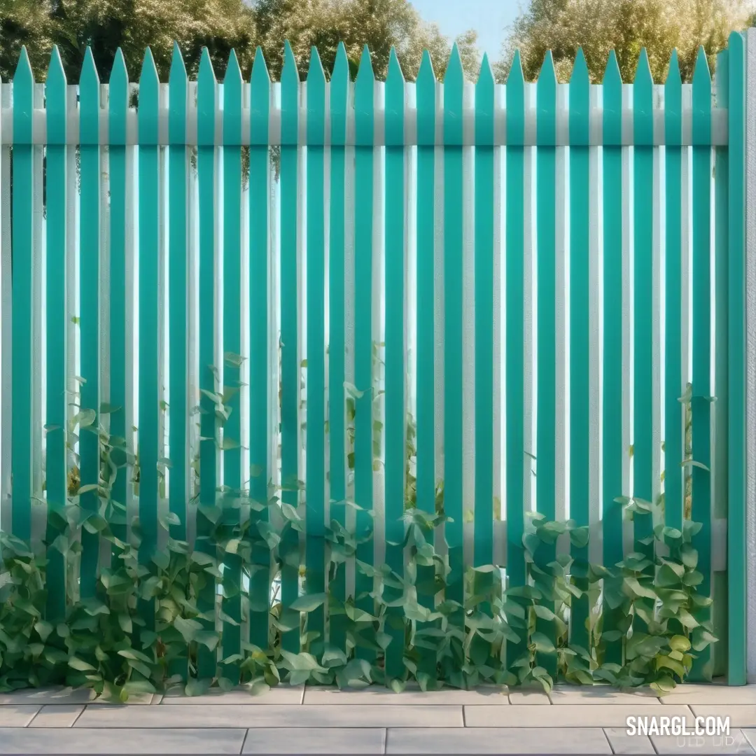 NCS S 2040-B20G color. Green fence with a bunch of green plants growing on it and a brick walkway in front of it