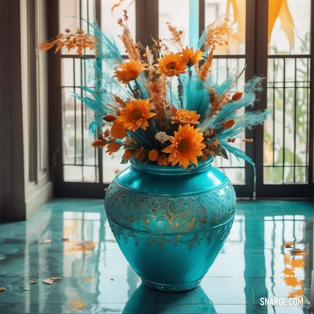 Blue vase with orange flowers in it on a table in front of a window with a yellow ribbon. Example of CMYK 70,0,25,10 color.