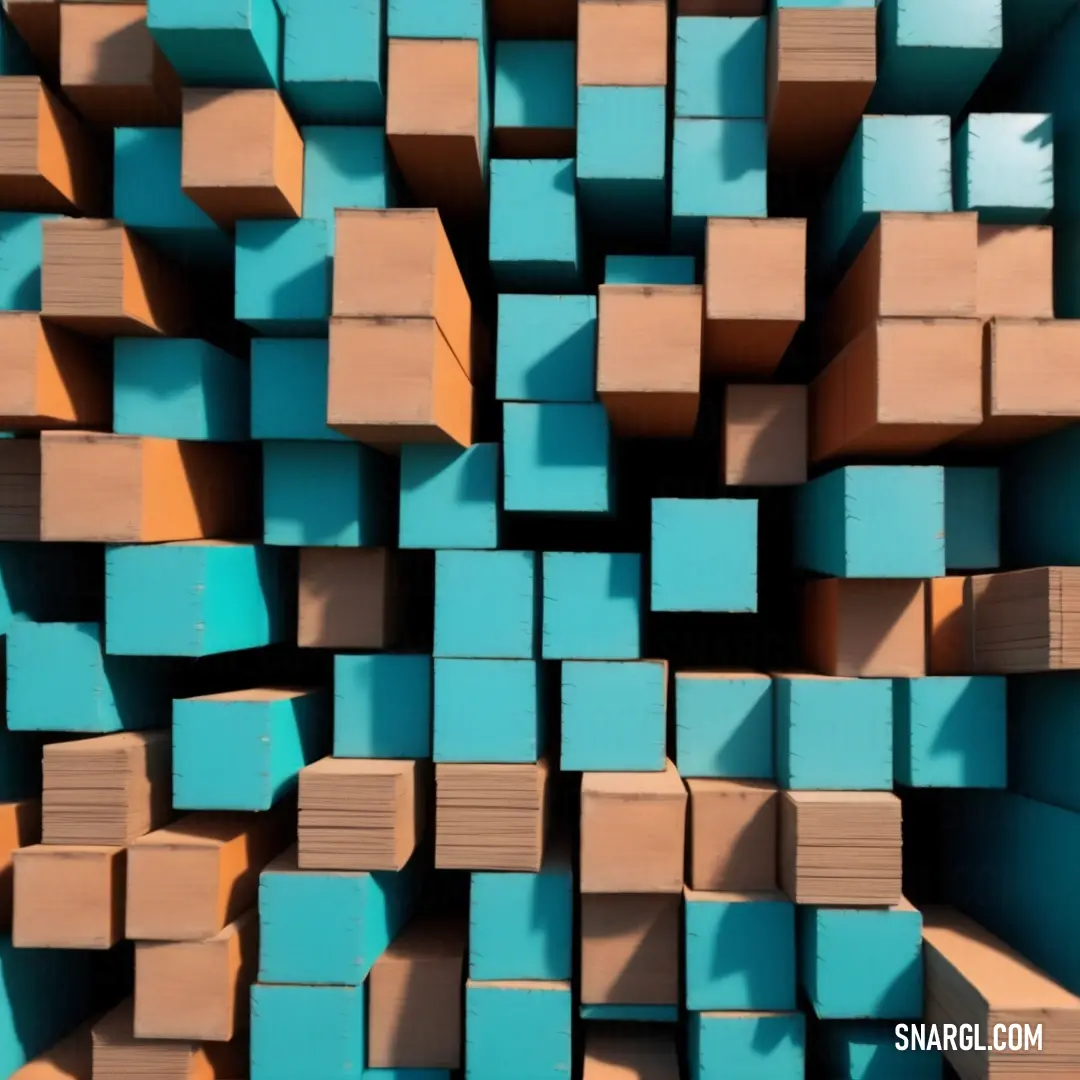Large group of blocks of wood stacked together in a pattern of squares and rectangles. Color CMYK 70,0,25,10.