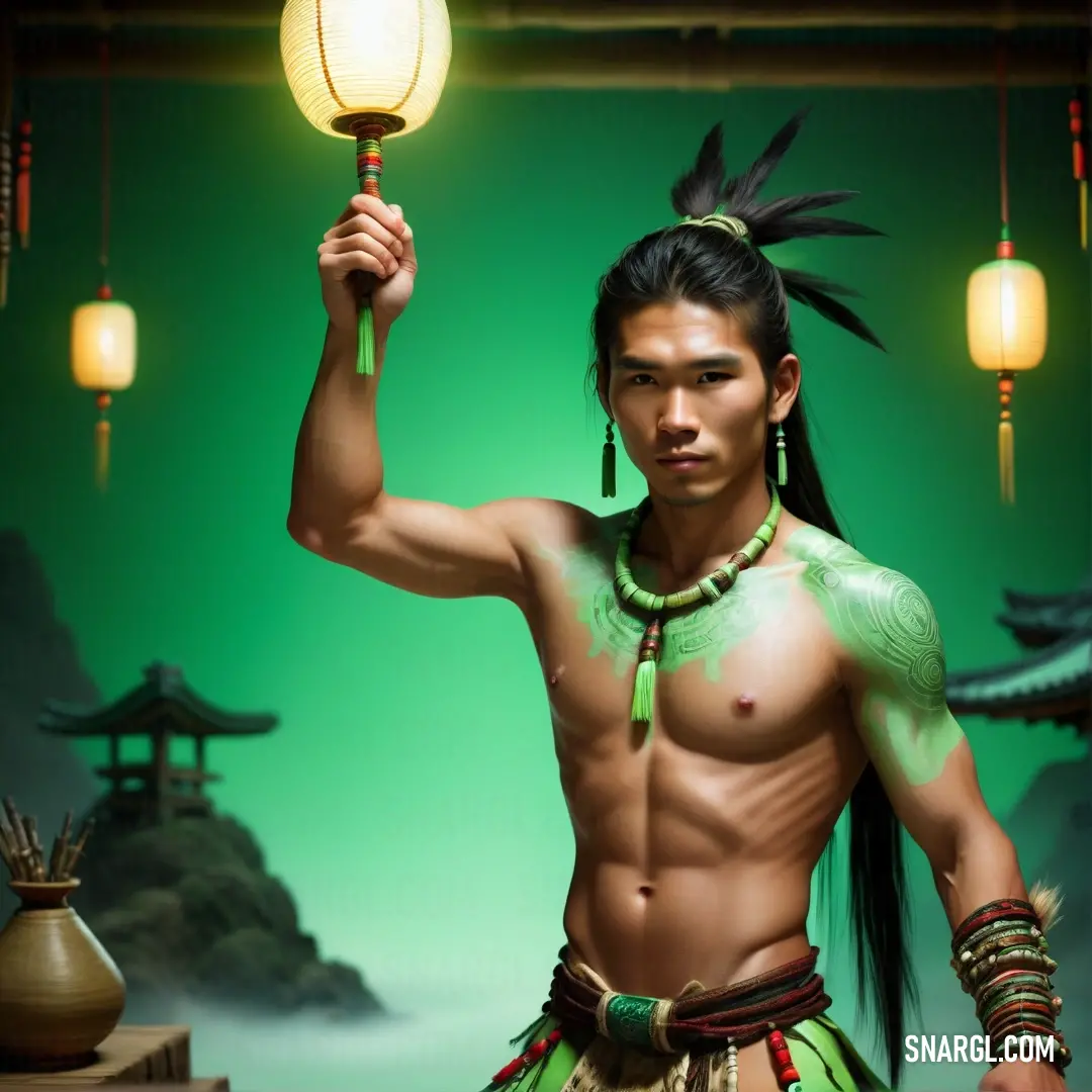 Man with a green body and a green headband holding a lamp in his hand. Example of CMYK 67,0,60,0 color.
