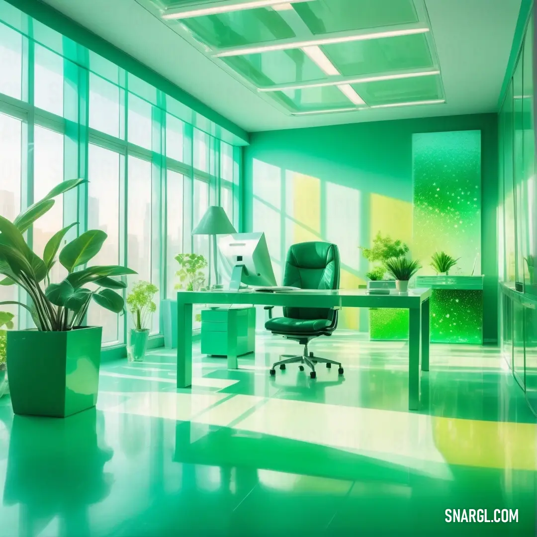 Room with a desk and a chair and a plant in it and a large window with a view of the city. Color NCS S 2040-G.