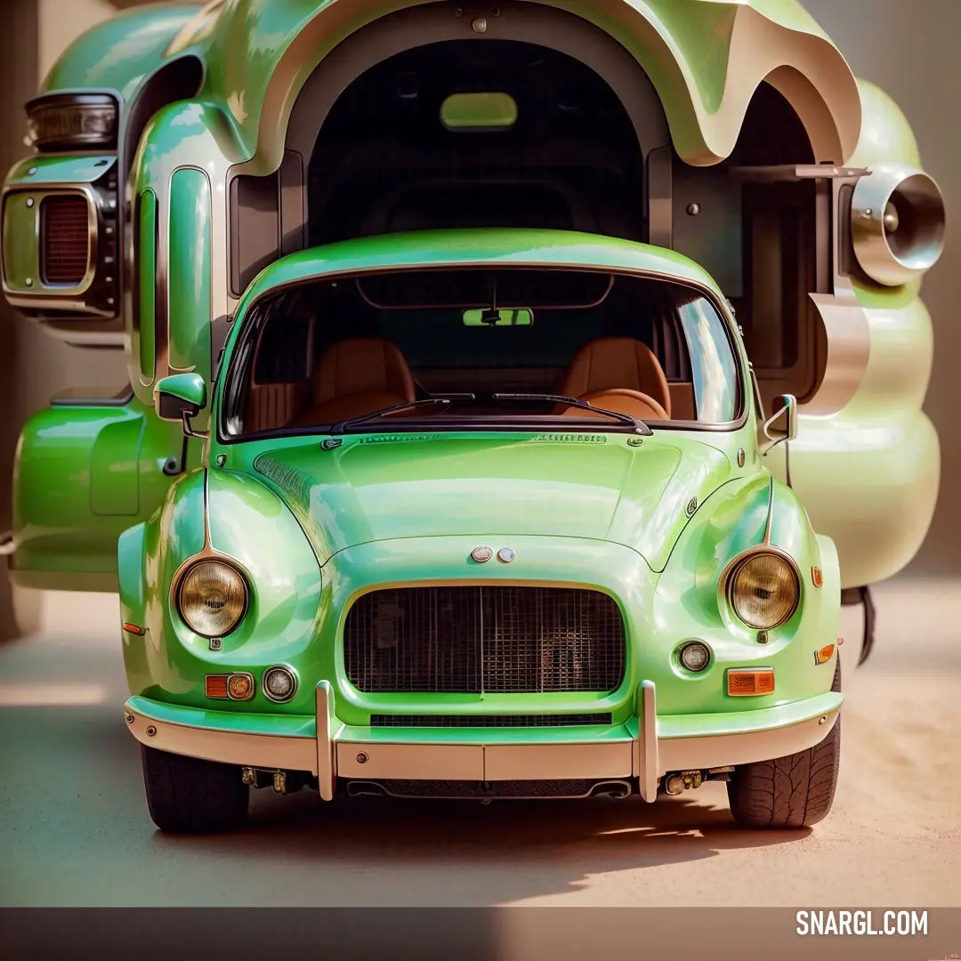 Green car is parked in front of a trailer with a door open and a window open to the side. Color RGB 115,211,132.