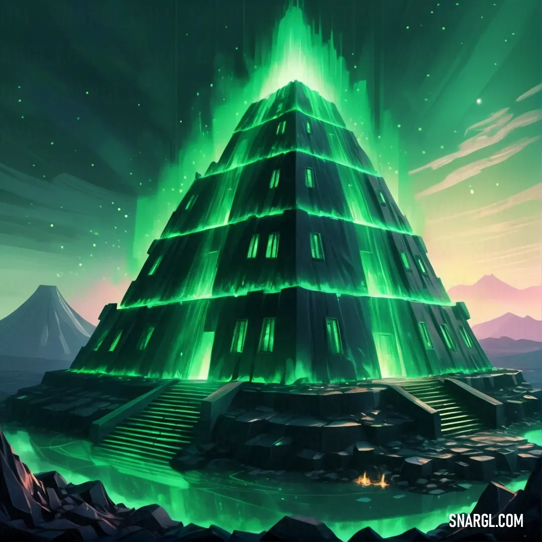 Green pyramid with a lot of stairs on it in the middle of a mountain range with a green light coming from it. Color #73D384.
