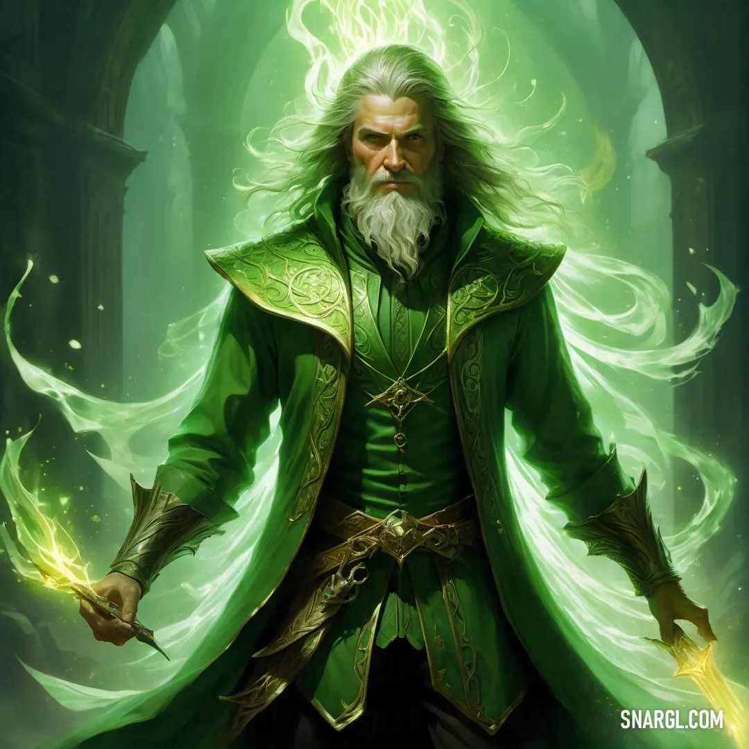 Man with a beard and a long white beard in a green outfit holding a sword and a glowing green light. Color #73D384.