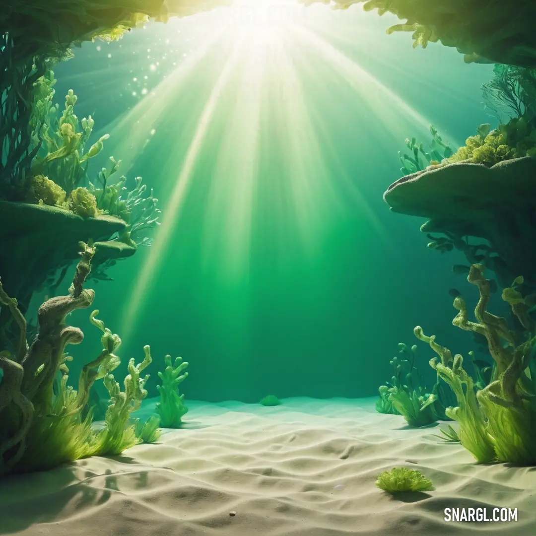Underwater scene with a sunbeam and seaweed in the foreground. Color RGB 115,211,132.
