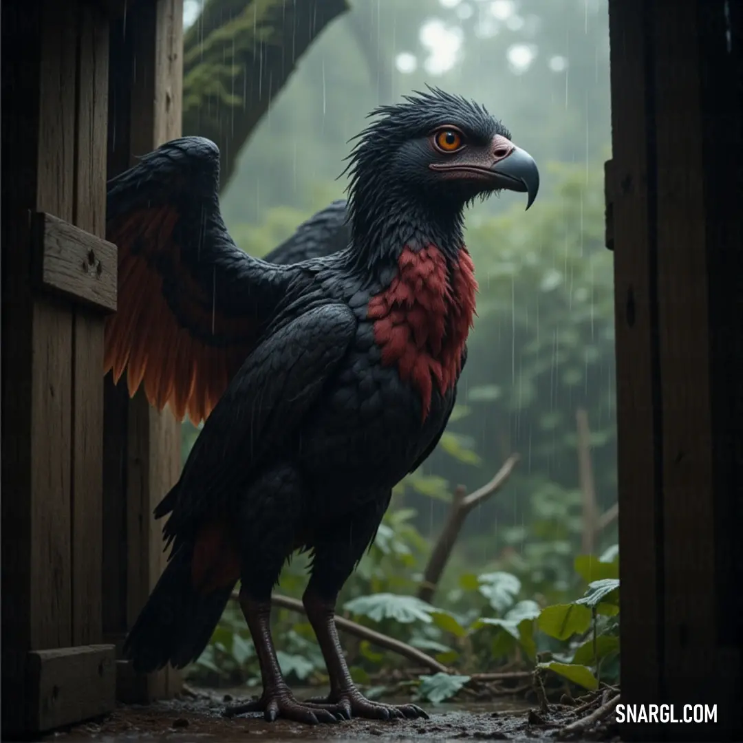 A striking bird adorned with vivid red and black feathers perches gracefully in the rain, framed by a welcoming door and lush greenery, encapsulating a moment of stillness and beauty in a world revived by nature's mercies.