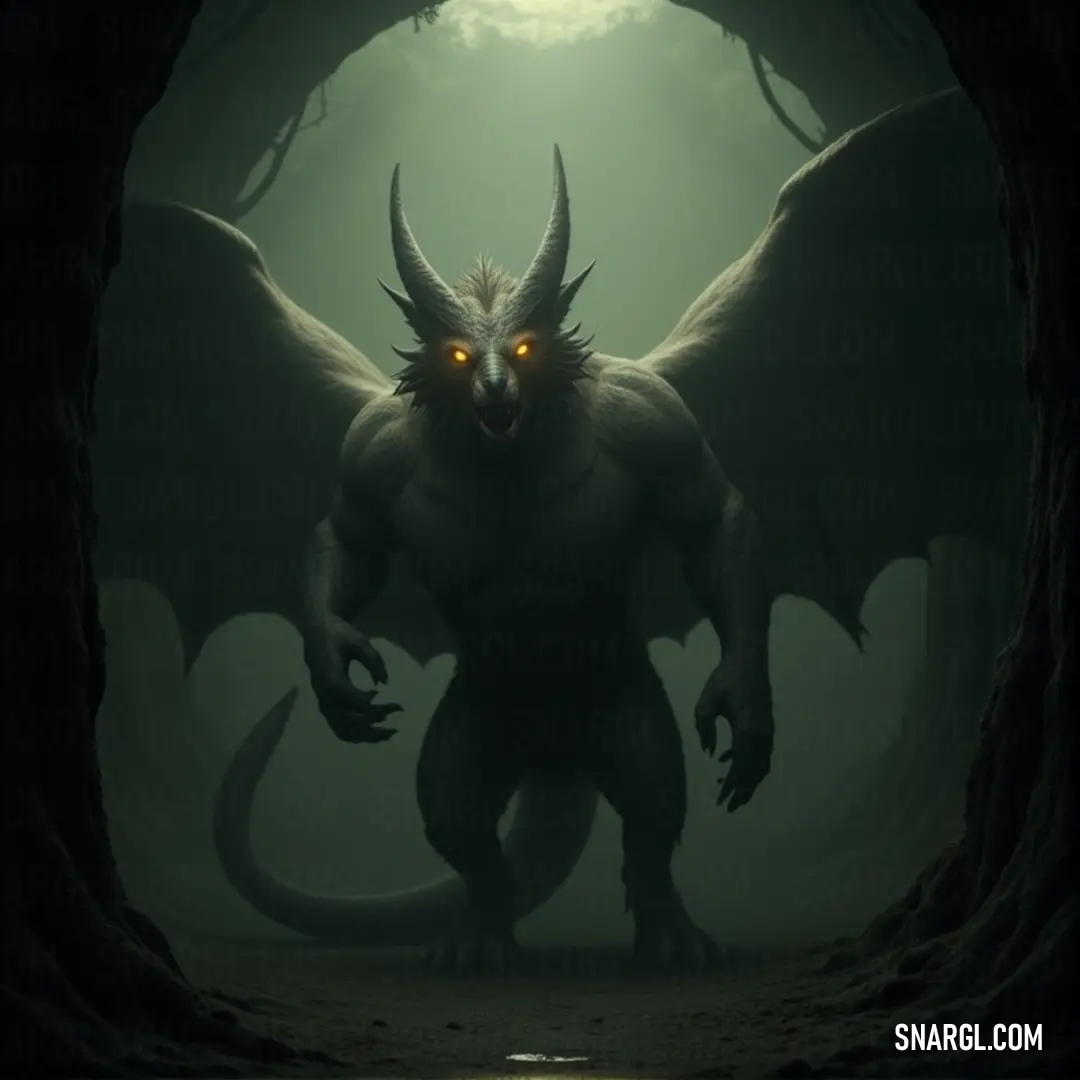 Emerging from the shadows in a dark cave, a demonic creature with piercing glowing eyes reveals itself, illuminated by a shaft of light that pierces the darkness, creating a contrast of fear and fascination.