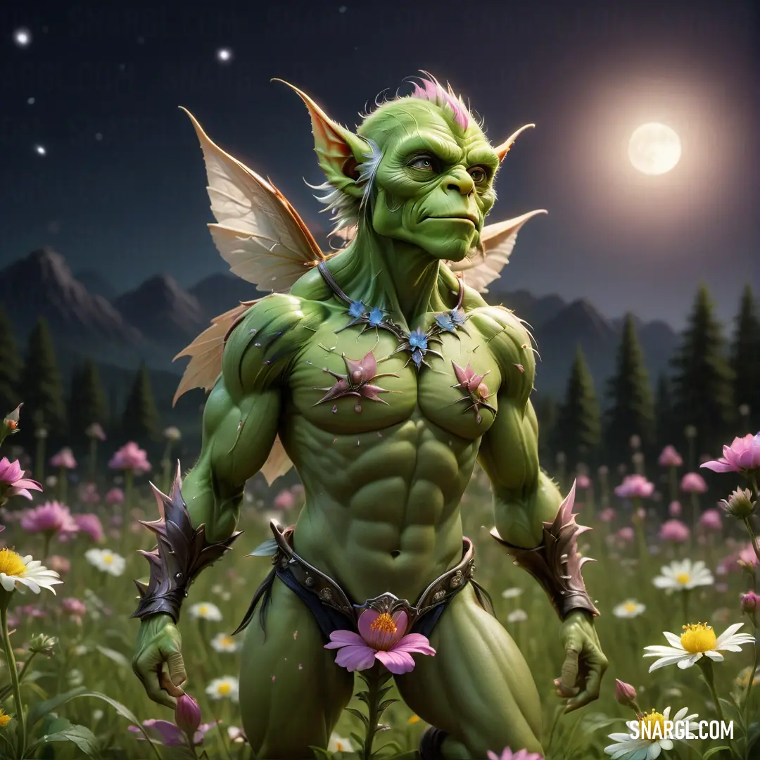 A small green creature with a flower in its hand stands in a field of vibrant flowers, the full moon glowing above. The creature’s innocent expression contrasts with the magic of the night, creating a sense of wonder in the landscape.